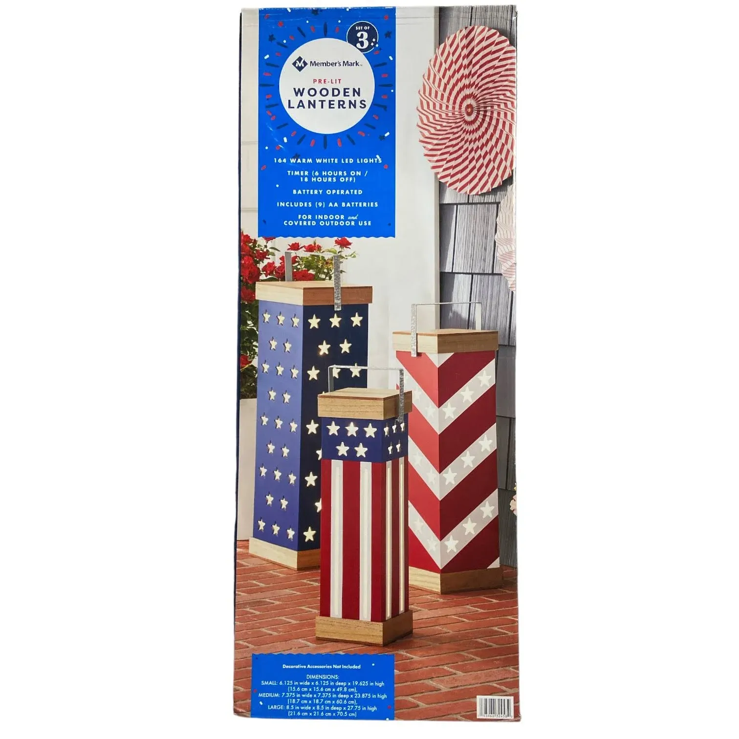 Member&#x27;s Mark Set of 3 Pre-Lit Wood Lanterns, American Flag