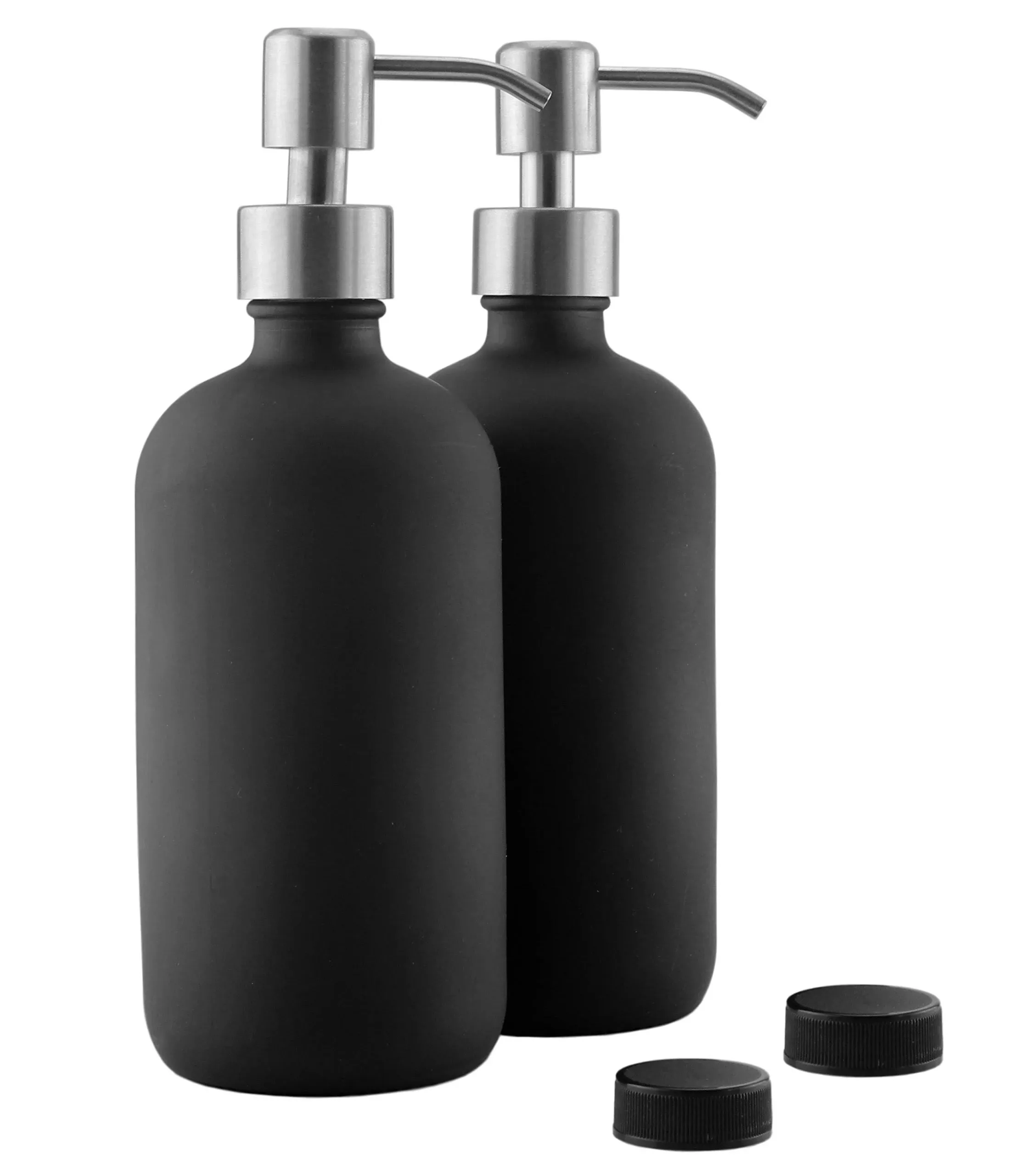 Cornucopia Brands 16oz Black Glass Bottles w/Stainless Steel Pumps (2-Pack); Black Coated Boston Round; Lotion, Hand Care & Soap Dispensers