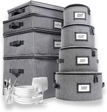 HOMELUX THEORY China Storage Containers, 8 pc. ULTRA THICK HARDSHELL ALL SURFACES & COVER, Dish Storage Containers with handles, Stackable Storage for Dishes, platters, mugs, wine glass & flatwares