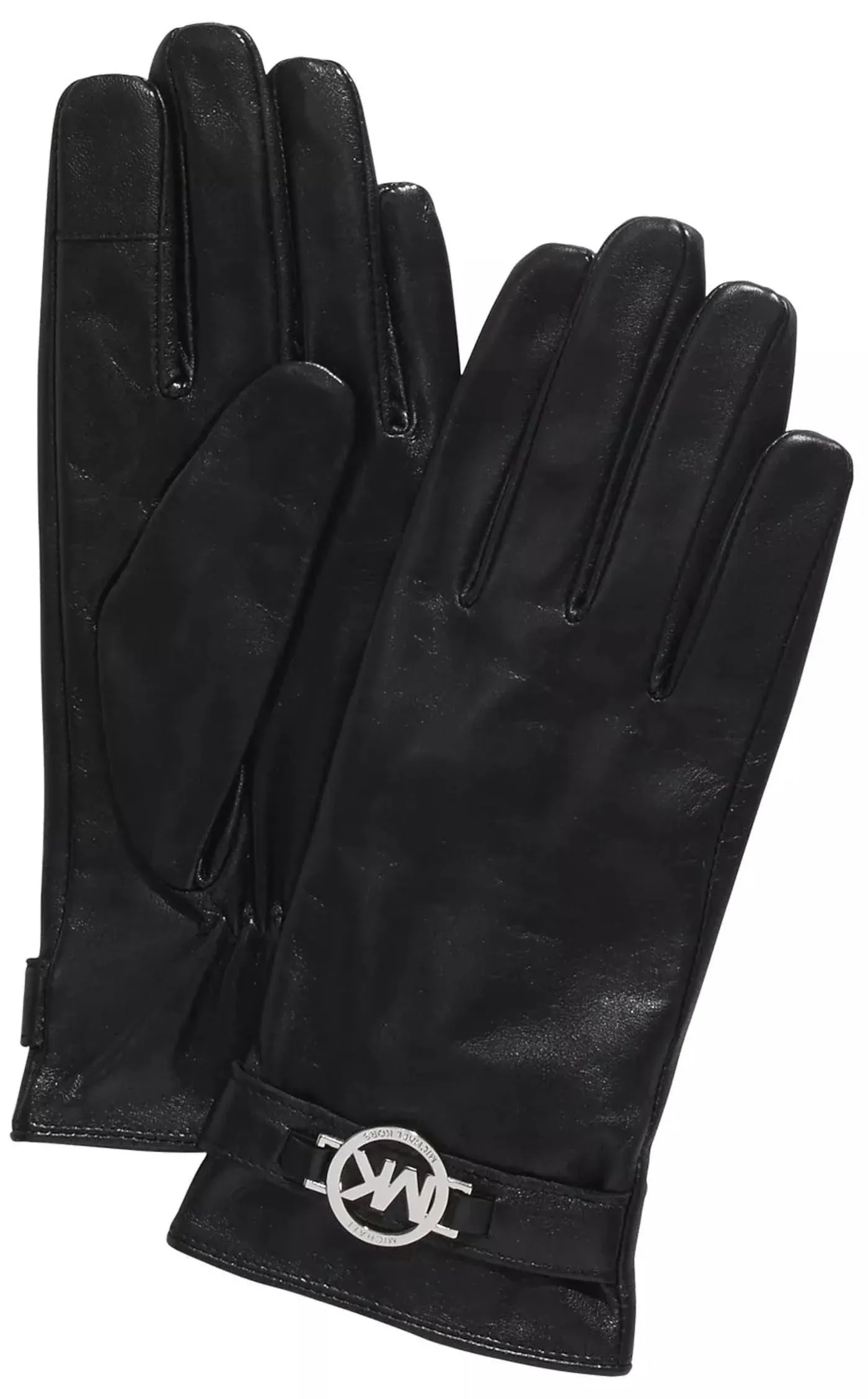 Michael Kors Black Leather Gloves Silver Circle Logo Womens Medium NWT  