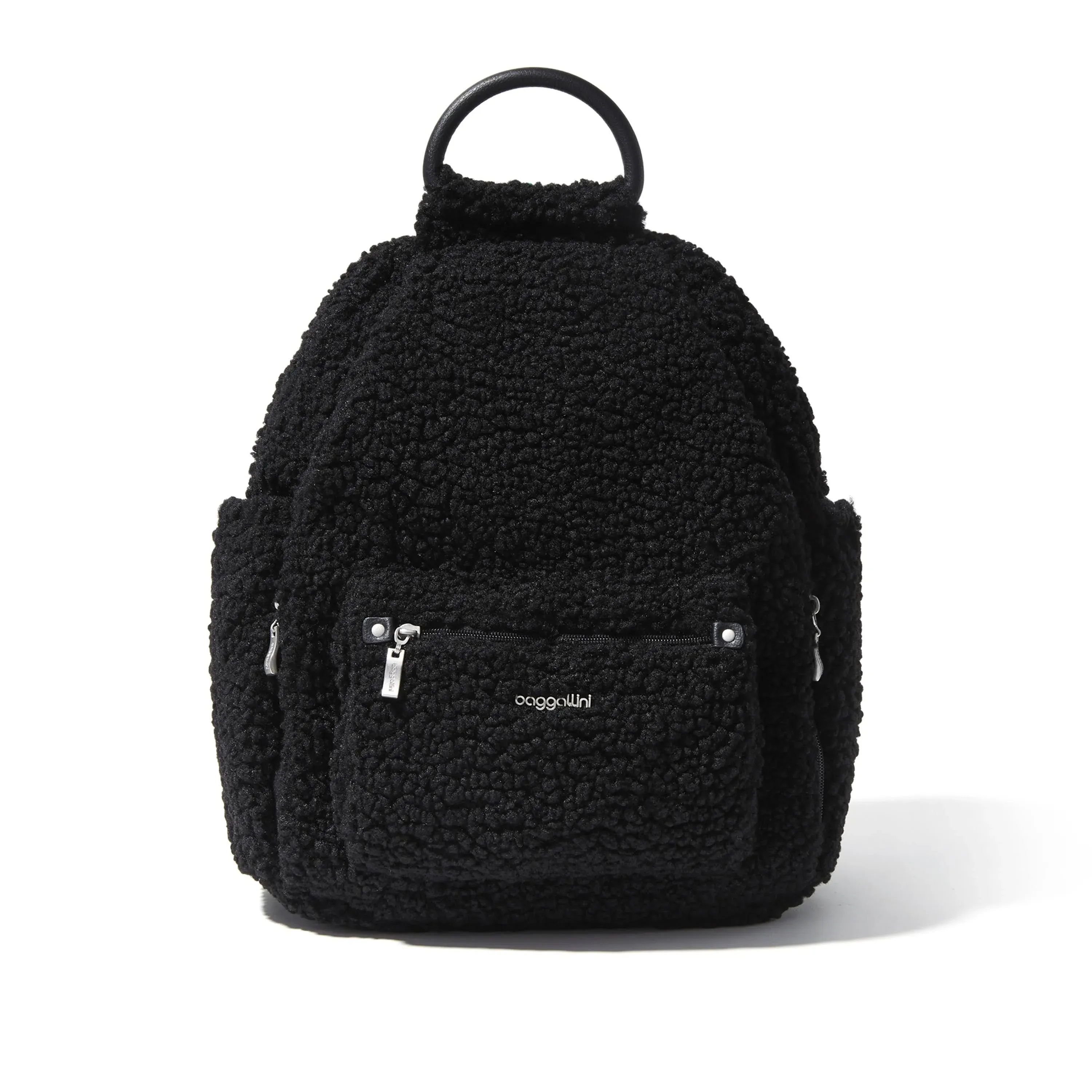 Baggallini All Day Backpack with RFID Phone Wristlet - Black Faux Shearling