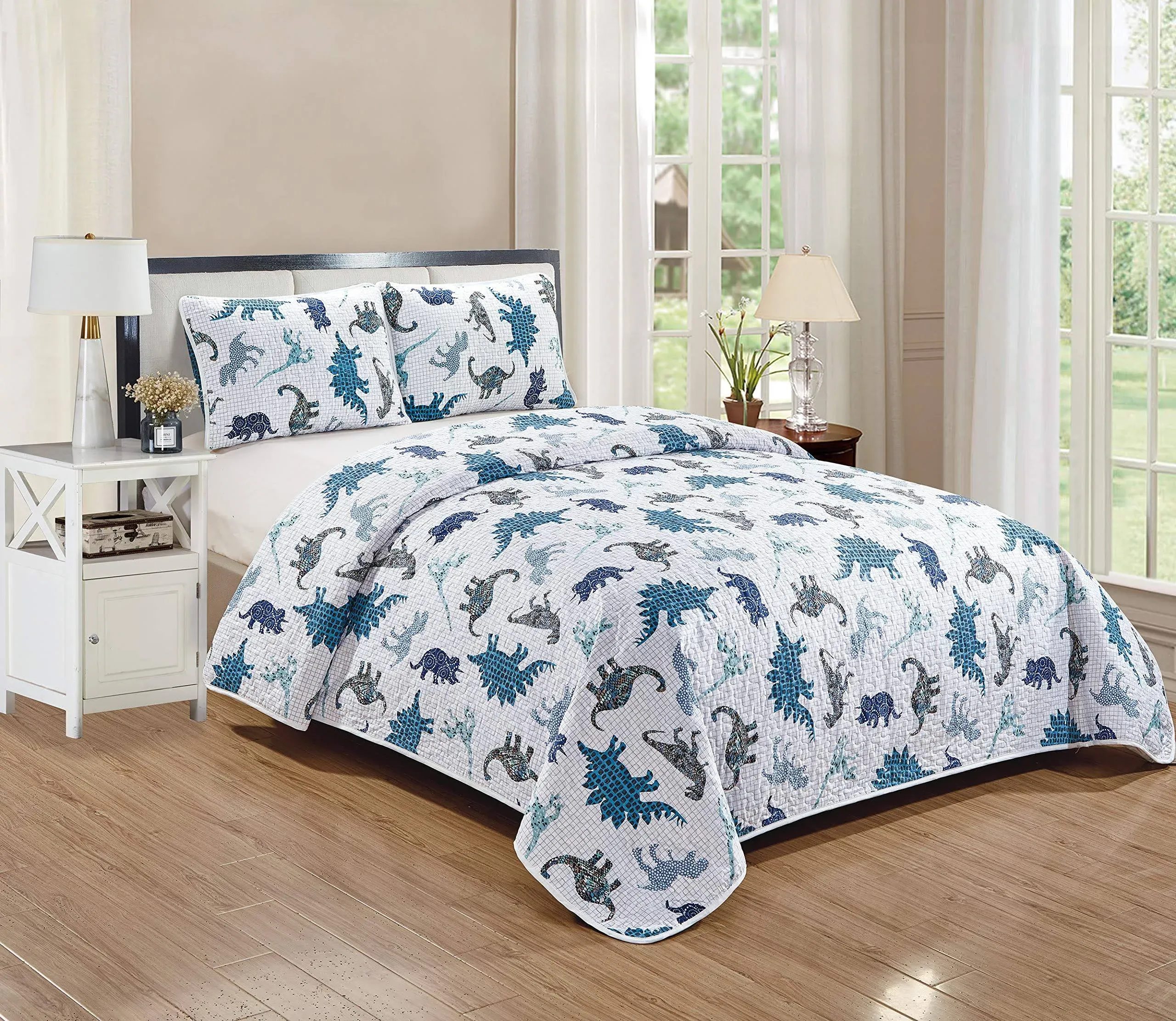 Kids Zone Dinosaurs Quilted Bedspread Set for Boys/Teens Blue Navy Blue Black Wh