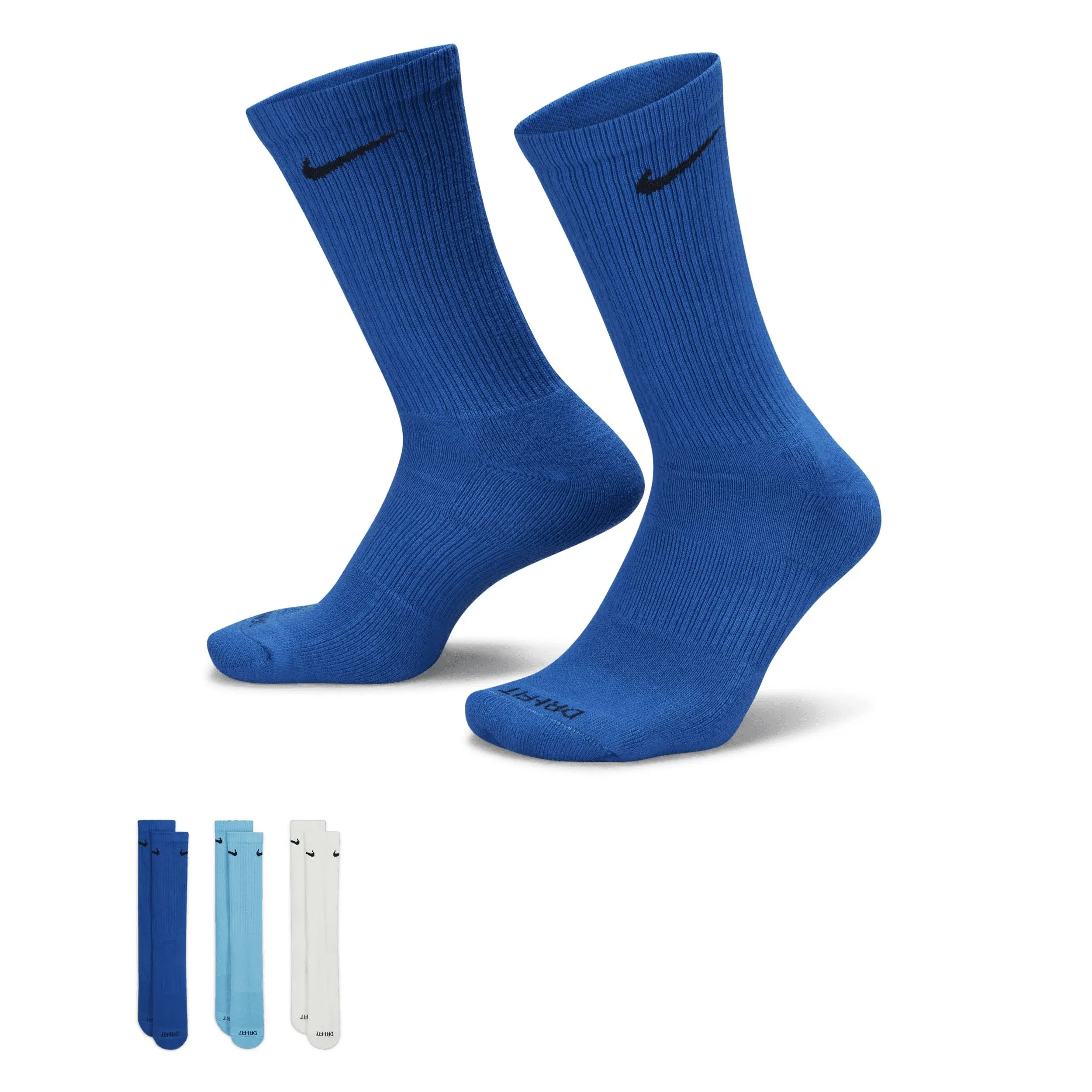 Adult Nike Everyday Plus Cushioned 3 Pack Crew Socks, Large, Blue/Highlighter Blue/White