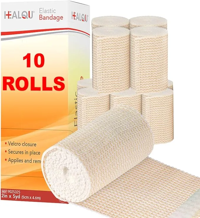 HEALQU Premium Elastic Bandage - Self-Closure Compression Wrap for Legs, Knees, Ankles, Wrists, Elbows, Shoulders - 2 Inch by 5 Yards, Box of 10 Rolls Athletic Stretchable Bandage Wrap