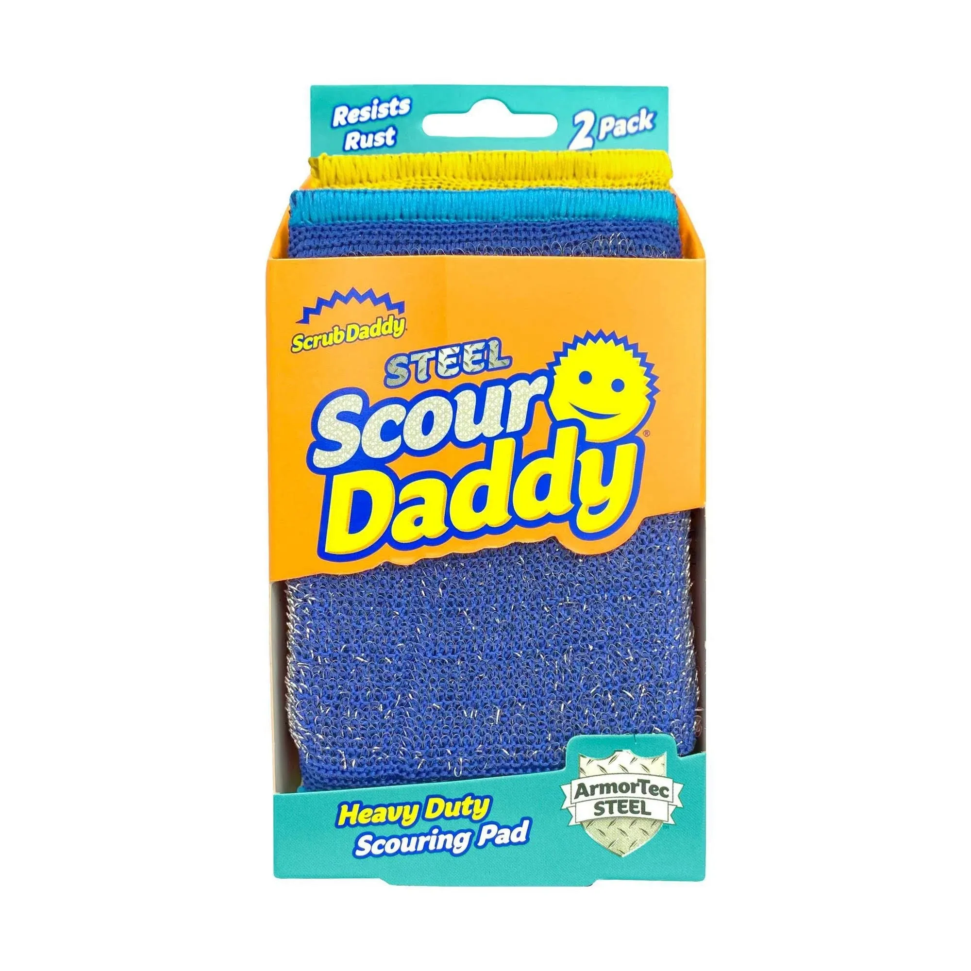 Scrub Daddy Scour Daddy Steel Lot de 2 tampons à récurer en acier inoxydable pour vaisselle, casseroles, poêles et grill, à récurer pour cuisine et salle de bain, doux dans l'eau chaude, ferme en