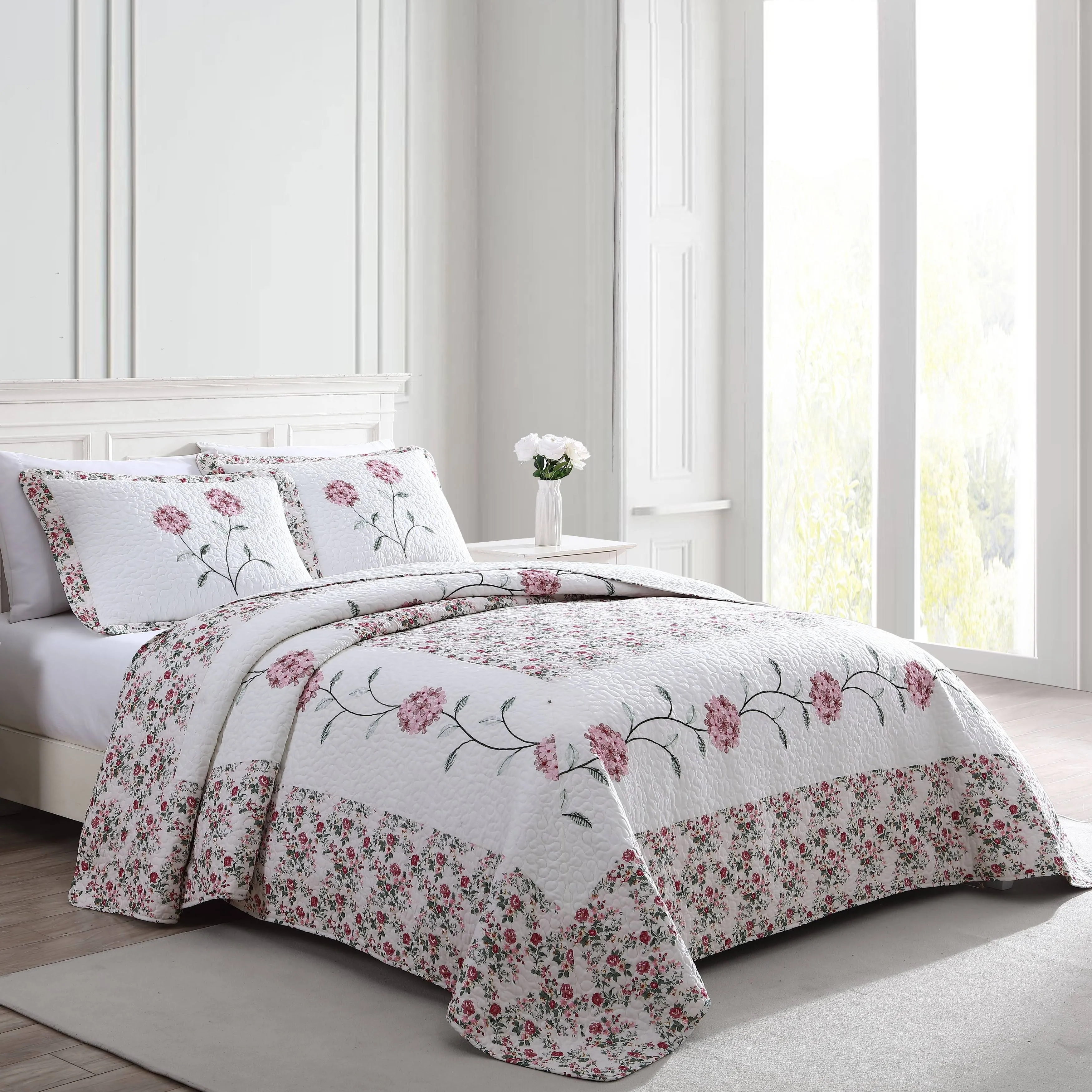  Carnation Floral Embroidered Quilted Bedspread, Lightweight, All Twin Rose