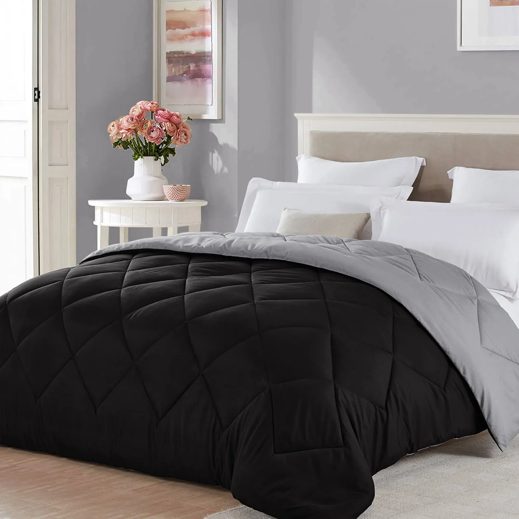 Seward Park Twin XL Size Reversible Comforter Lightweight XL, Black/Grey 