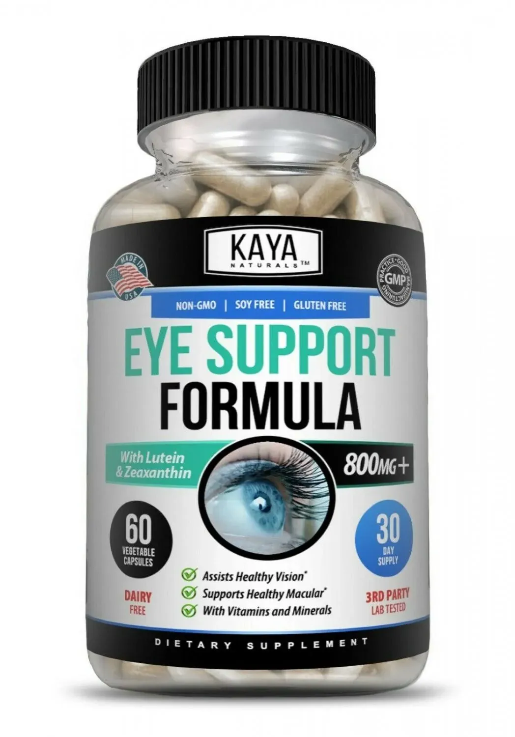 Kaya Naturals Eye Health Supplement - Lutein & Zeaxanthin - Supports Eye Strain, Dry Eyes, and Vision Health - Clinically Proven Ingredients 800mg Vitamin Supplement - 60 Count