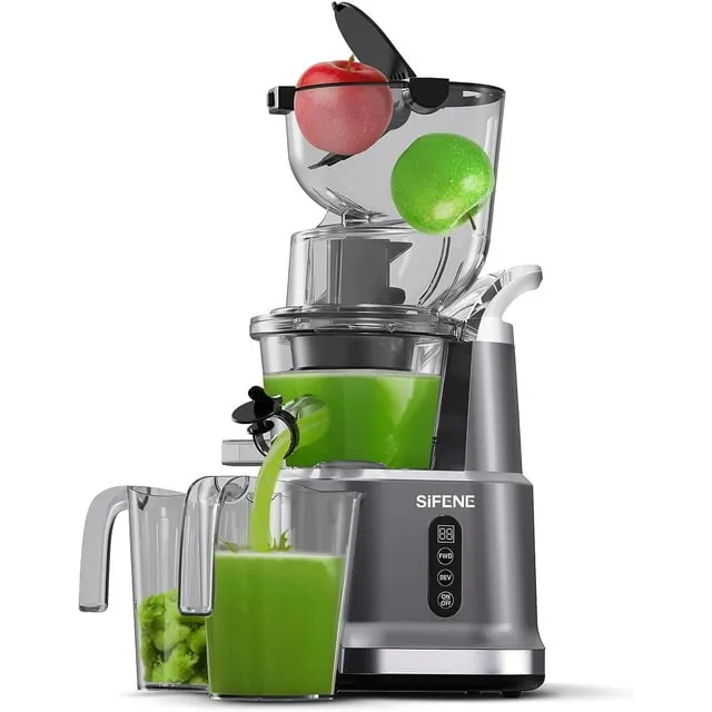 SiFENE Cold Press Juicer Machines, Wide Mouth Whole Slow Masticating Juicer, Easy-Clean Juice Extractor Maker For Full-Bodied Fruit & Veg Juice, High Yield, 83mm Opening, BPA-Free, Gray