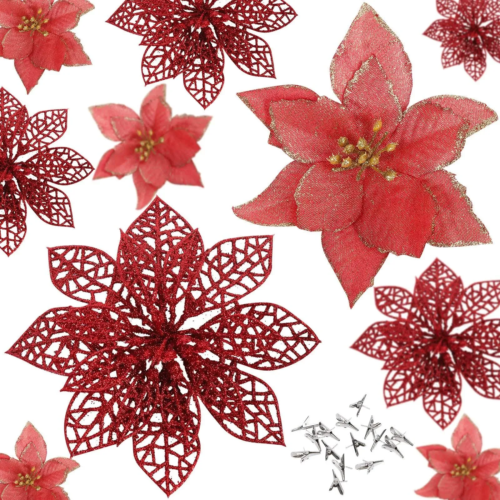 Fasyou 24 Pieces Christmas Glitter Poinsettia with Clips