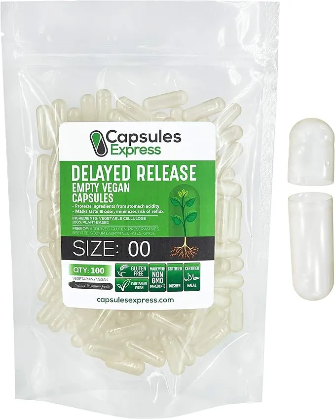 XPRS Nutra Delayed Release Size 00 Empty Capsules - 100 Count Clear Empty Vegan Capsules - Vegetarian Empty Pill Capsules - DIY Vegetable Capsule Filling - Veggie Capsules Gel Caps
