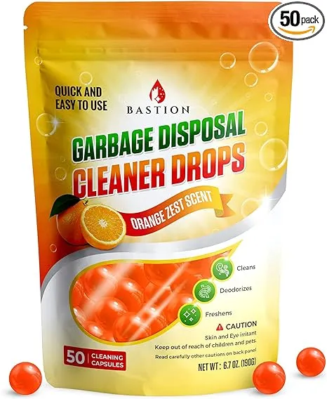 Garbage Disposal Cleaner and Deodorizer Drops- [[50-Count]] Orange Zest Scented Kitchen Sink Freshener Pods & Drain Odor Eliminator Disposer Care Balls by Bastion