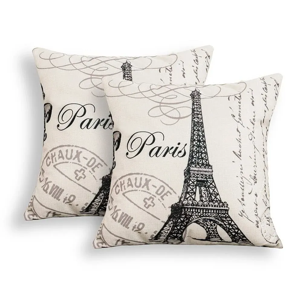 Set of 2 Throw Pillow Cover Black Vintage Paris City of Love Eiffel Tower