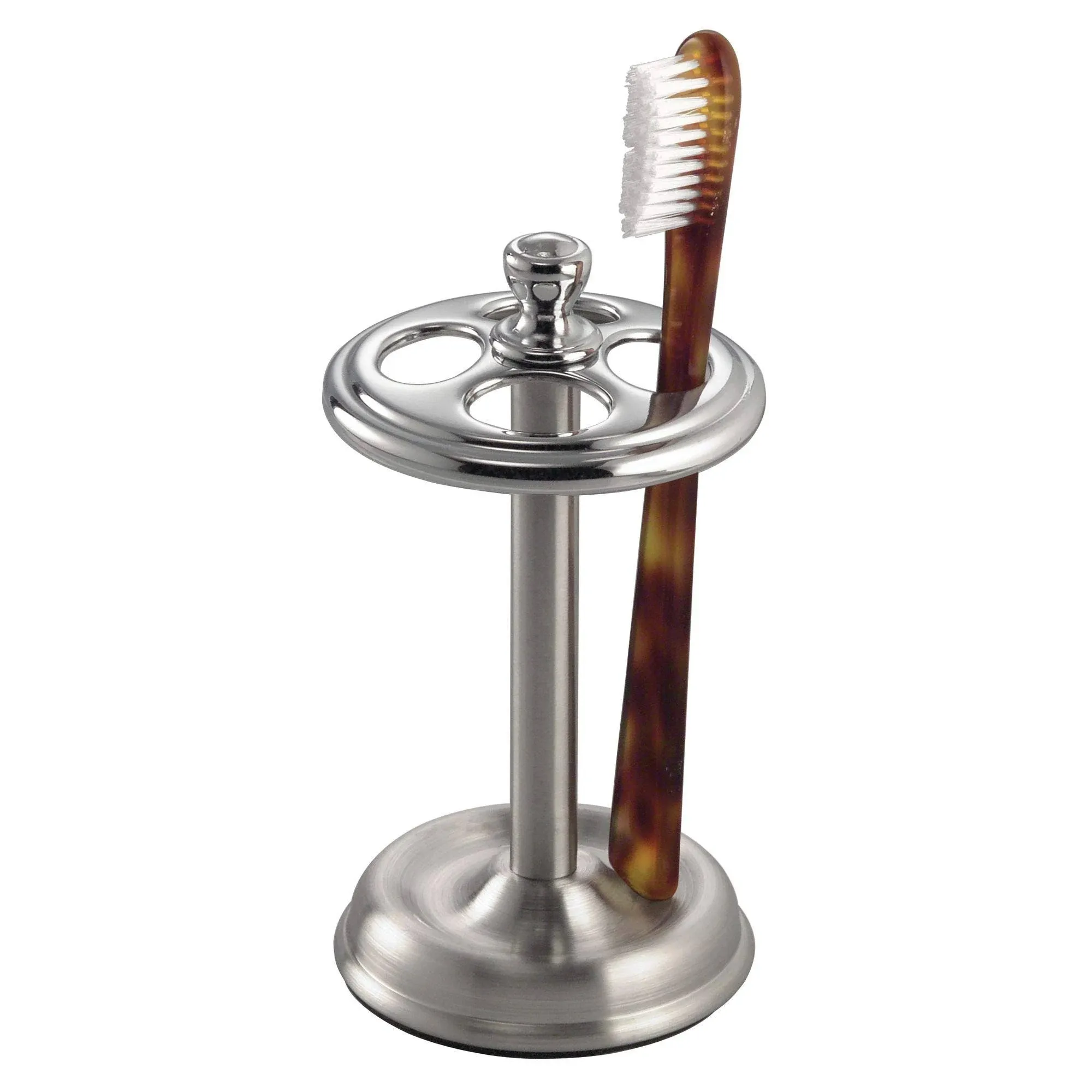 iDesign Steel Toothbrush Holder Stand The York Collection – Four Divided Compartments, 3.25” x 3.25” x 5.75”, Brushed Nickel & Polished Chrome