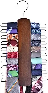 Umo Lorenzo Premium Wooden Necktie and Belt Hanger, Walnut Wood Center Organizer and Storage Rack with a Non-Slip Finish - 20 Hooks (Wooden)