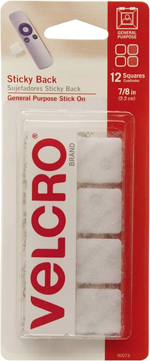 Velcro 90073 Sticky Back Squares, 7/8", White - 12 pack