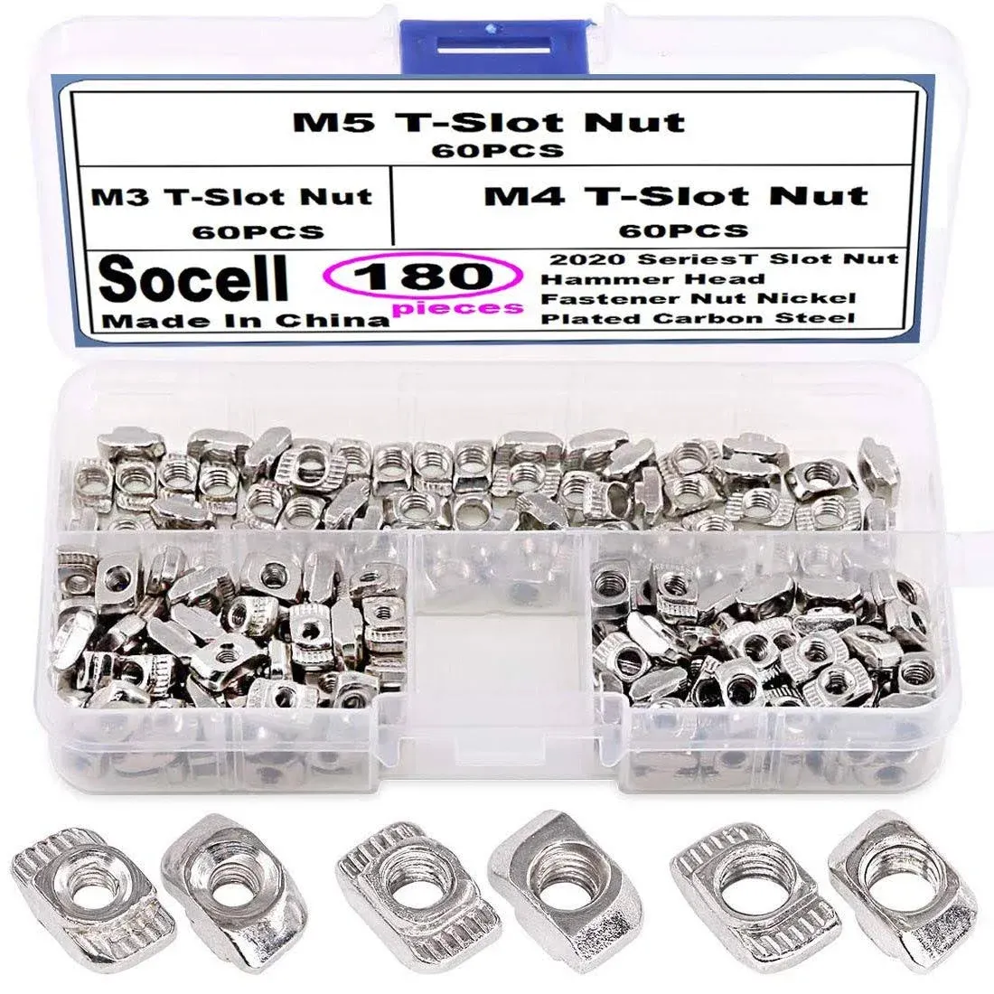 Socell 180Pcs 2020 Series T Nuts,M3 M4 M5 T Slot Nut Hammer Head Fastener Nut Nickel Plated Carbon Steel Assortment Kit for 20 Series Aluminum Profile - Nickel Plated Carbon Steel