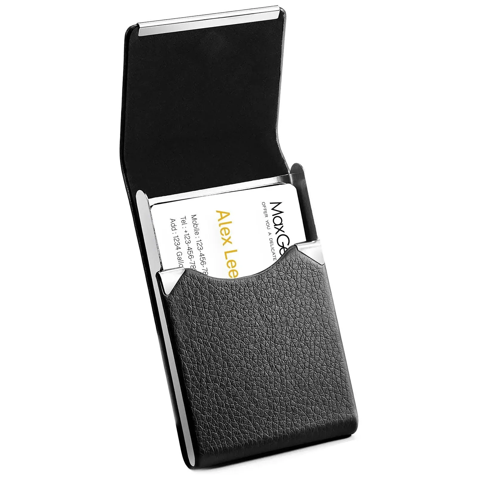 Leather Business Card Holder Metal Slim Pocket Wallet with Magnetic Closure