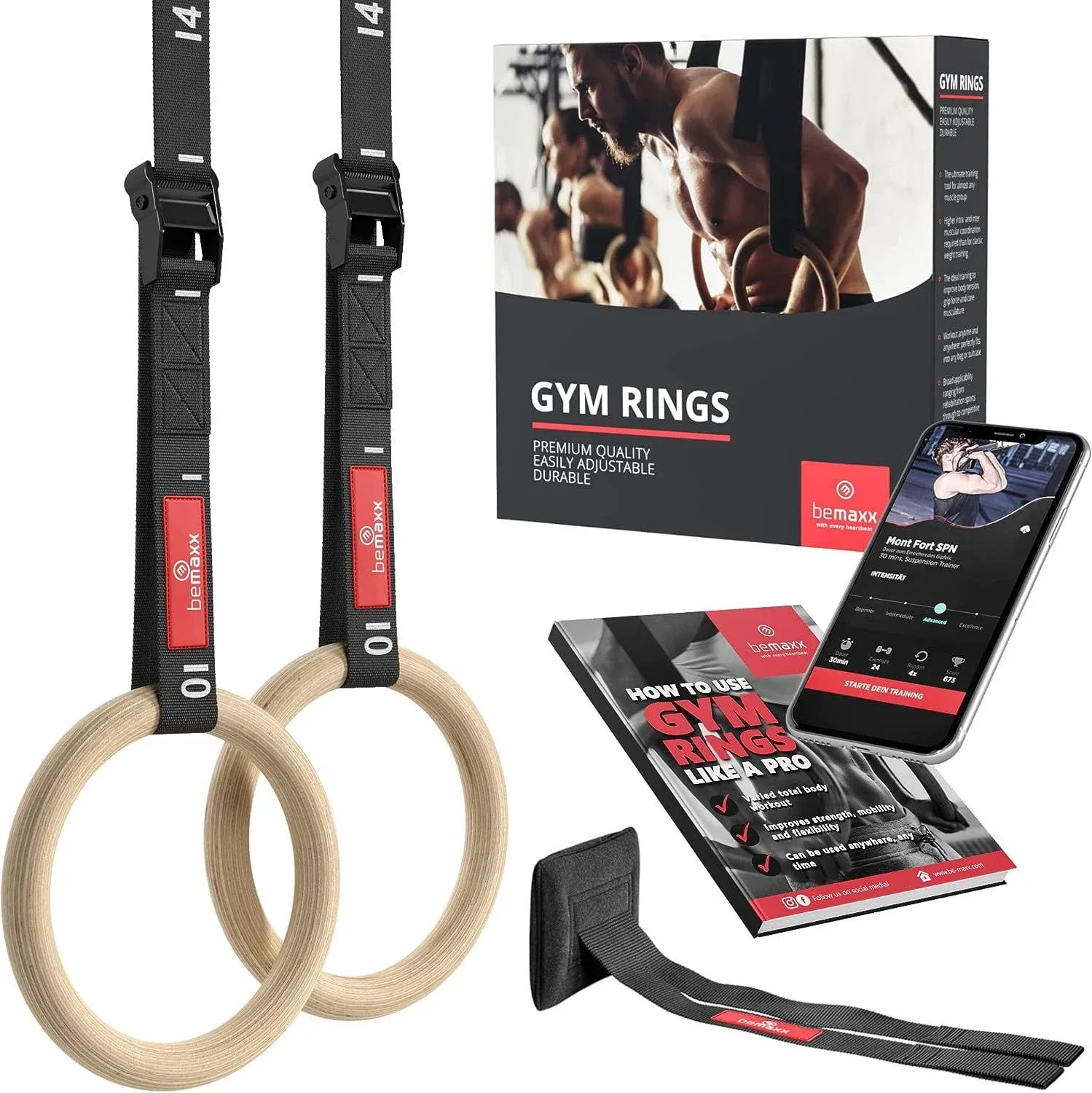 BeMaxx Gymnastic Rings Set Wood + Door Anchor Attachment, Exercise eBook ...