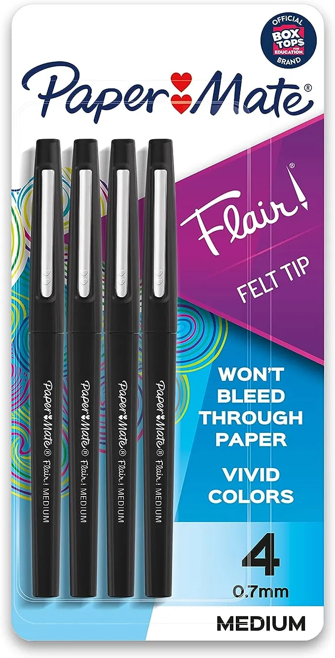 Paper-Mate Flair Fiber Tip Pen, Medium, Black - 4 pens