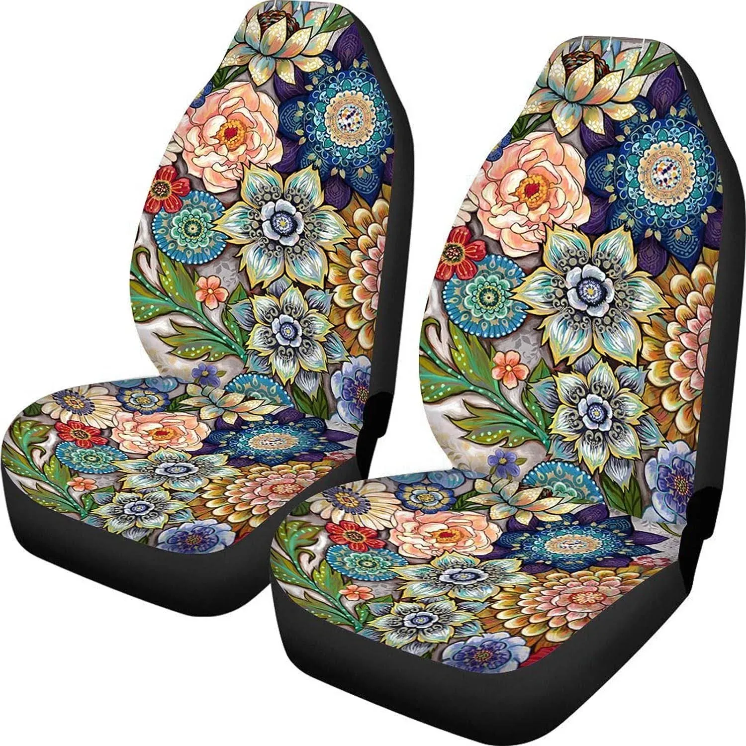 TOADDMOS Bright Blossoms Colorful Boho Floral Print Car Seat Covers for Women,Universal Auto Front Seats Protector Fits for Car,SUV Sedan,Truck