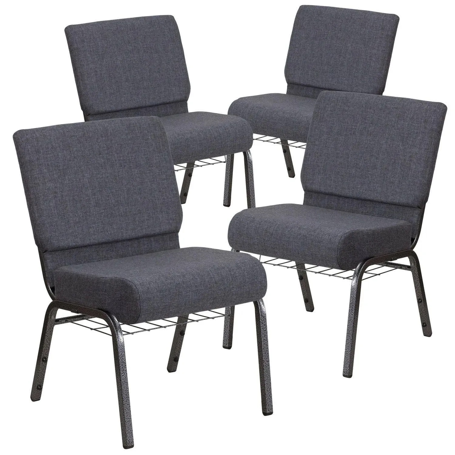 Flash Furniture 4 Pk. Hercules Series 21''W Church Chair in Dark Gray Fabric with Book Rack - Silver Vein Frame