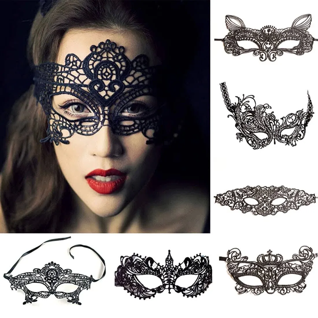 Black Lace Eye Mask for Women, 6Sets Sexy Masquerades Lace Eye Mask Venetian Lace Costume Decoration PartyBallLingerieCosplayCarnivalProm Eye-mask Accessories, Large