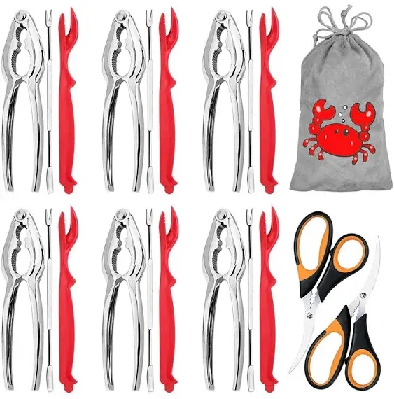 Kosbon 21-pieces Seafood Tools Set Includes 6 Sharp Crab Crackers, 6 Lobster Shellers, 6 Crab Leg Forks/Picks and 2 Safe Seafood Scissors & Storage Bag