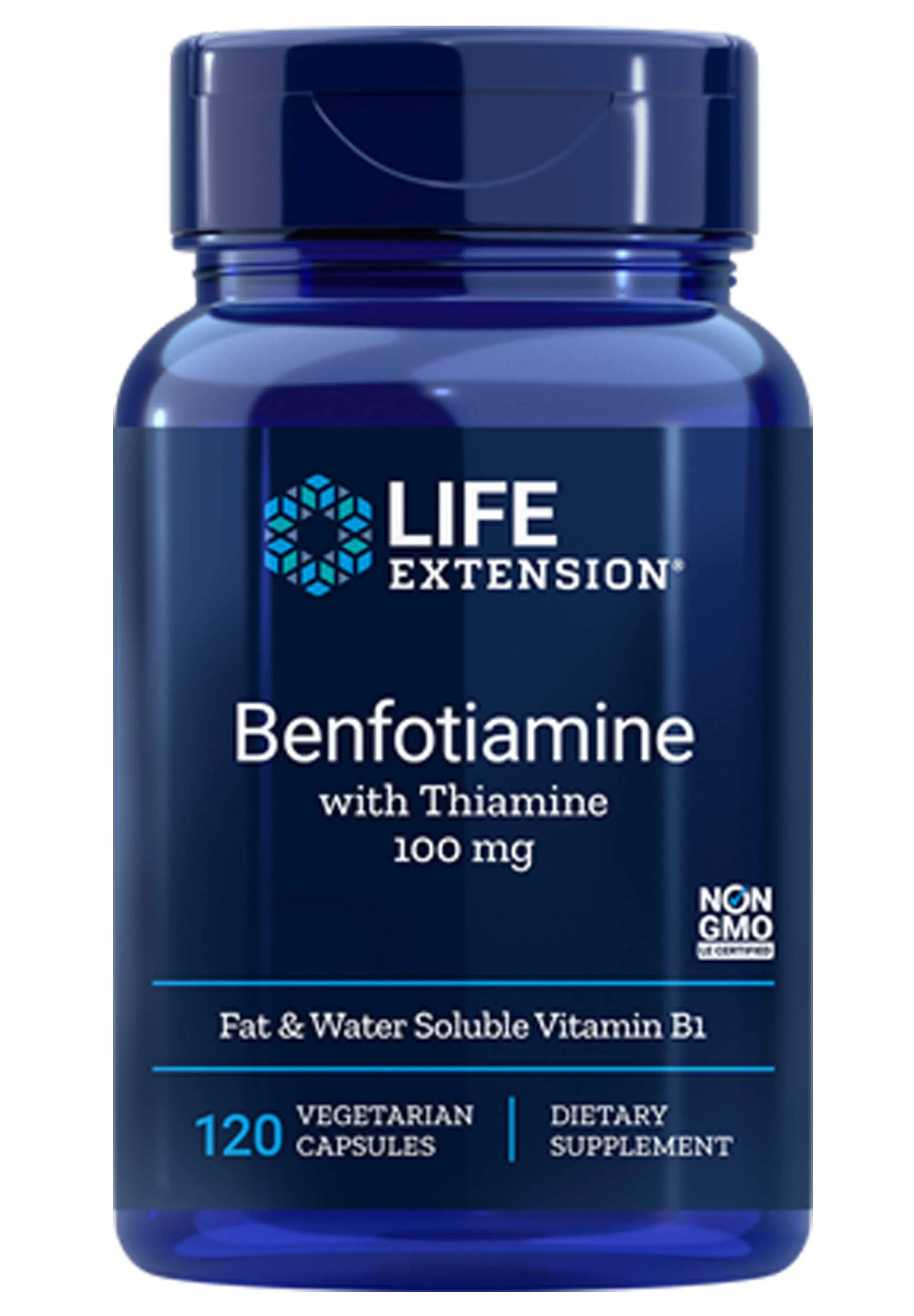 Life Extension Benfotiamine with Thiamine, 100 mg - Water & Fat Soluble Vitamin B1 Supplement For Glucose Blood Sugar Level and Nerve Health Support - Gluten-Free, Non-GMO, Vegetarian - 120 Capsules