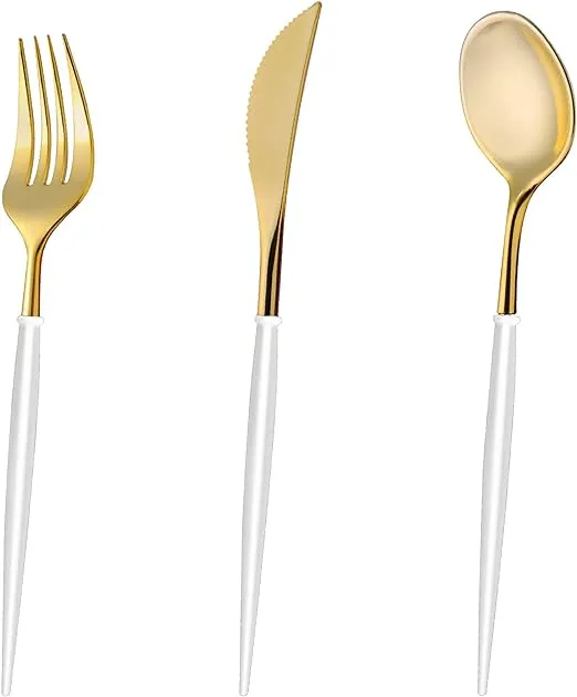 120 Pc. Gold with White Handle Moderno Disposable Plastic Cutlery Set - Spoons, Forks and Knives (40 Guests)