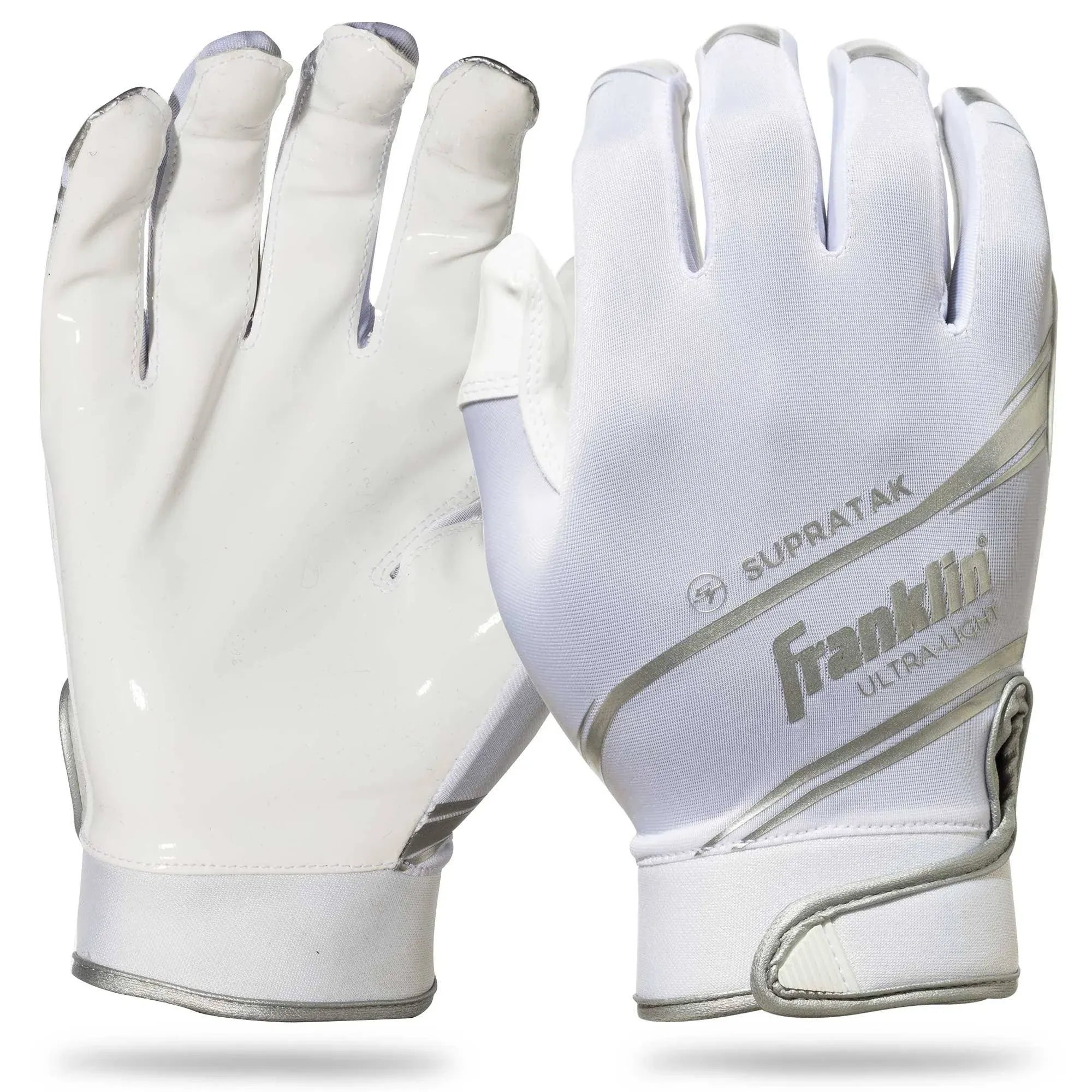 Franklin Sports Supratak Football Receiver Gloves - White/Chrome - Youth Large