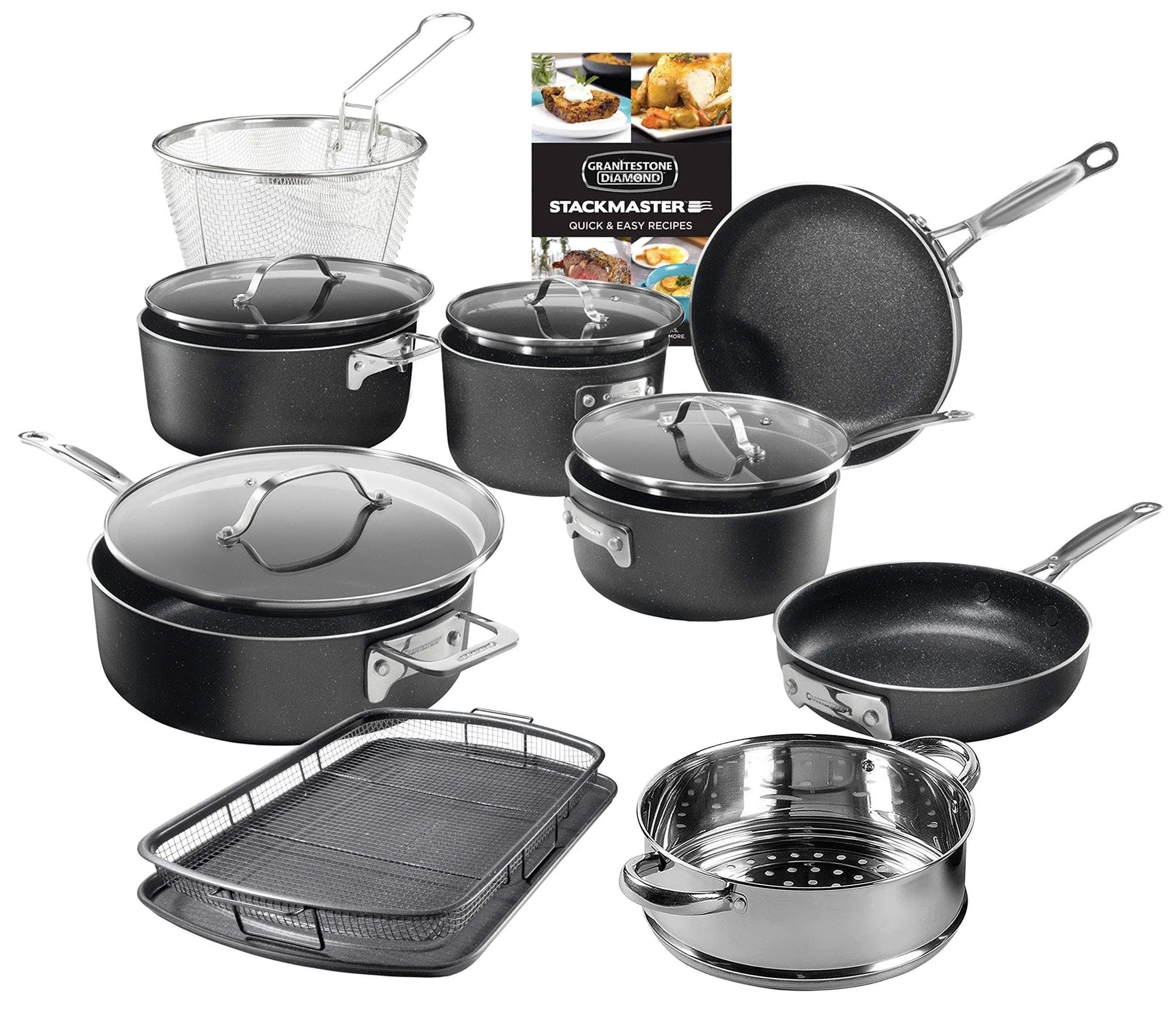 Granitestone Stackmaster 15 Piece Induction - Compatible Nonstick Cookware Set Scratch - Resistant Granite - Coated Anodized