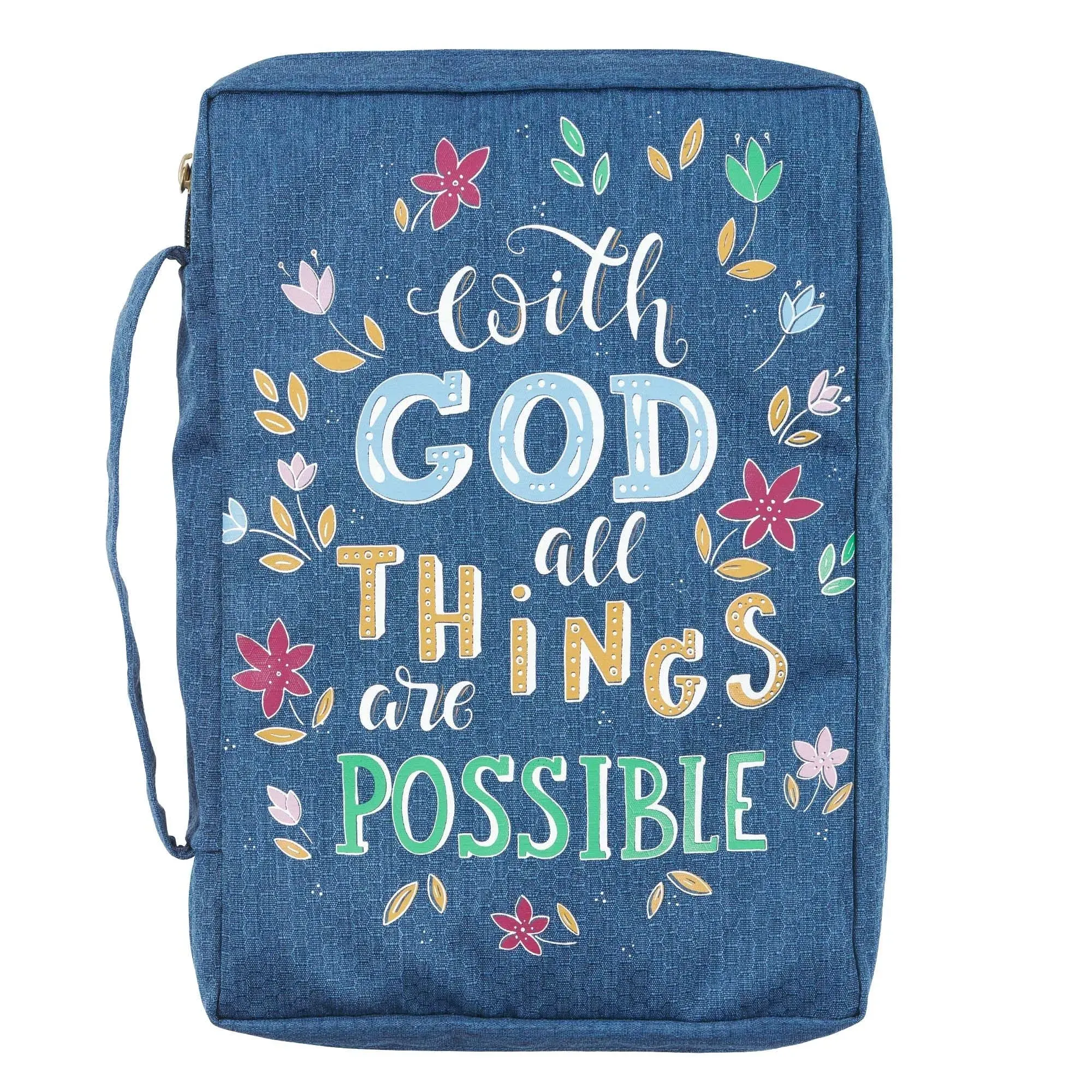 Christian Art Gifts Men/Women's Bible Cover with God All Things are Possible Matthew 19:26, Blue Floral Canvas, Medium