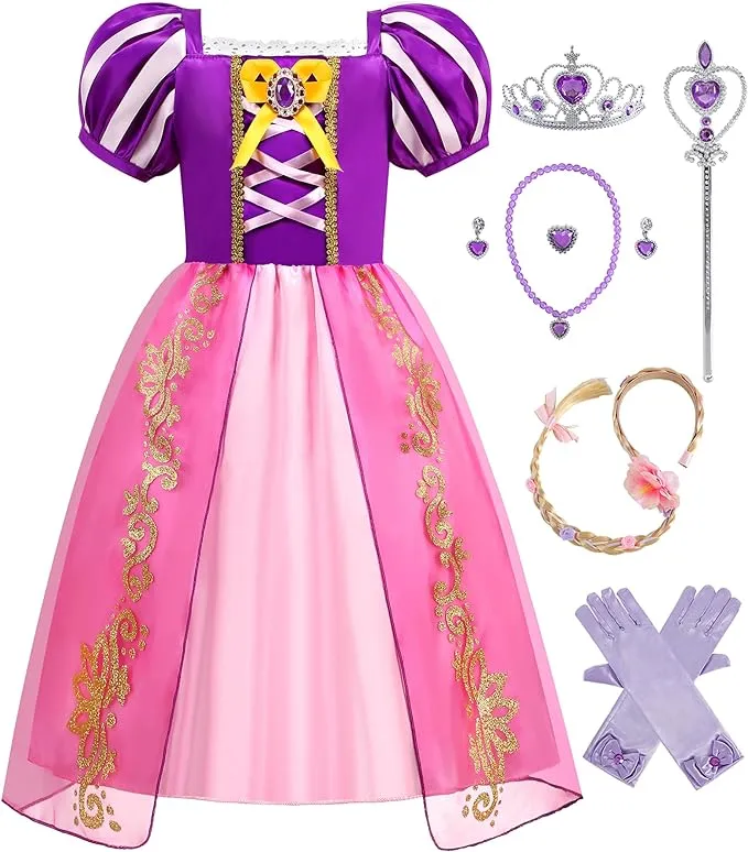 Aoiviss Girls Rapunzel Costume Princess Dress Up Clothes for Birthday Halloween ...