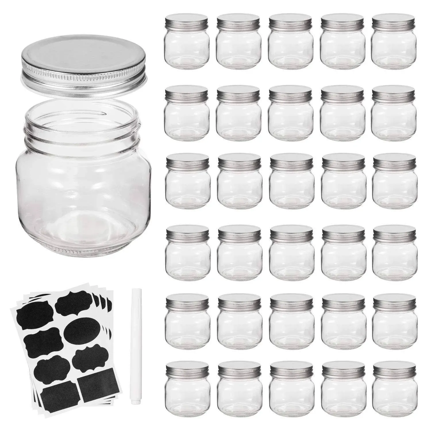 Accguan Mason Jars, glass jar 8OZ With Regular Lids 30 pcs/set, Silver Lid 