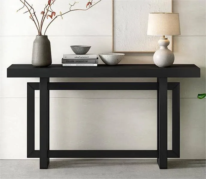 Contemporary Console Table with Industrial-Inspired Concrete Wood Top, Versatile Buffet Sideboard, Extra Long Entryway Table for Entryway, Hallway, Living Room, Foyer, Corridor (Black-05)