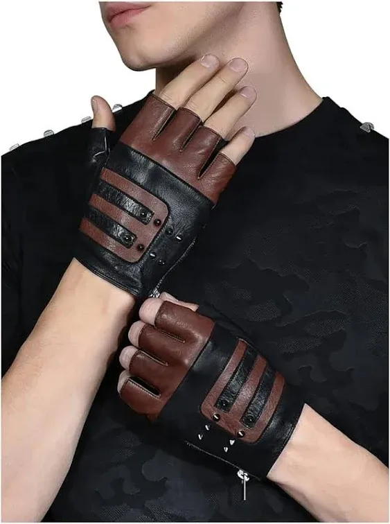 FIORETTO Mens Genuine Leather Fingerless Gloves Unlined Half Finger Punk Gloves for Driving Cycling Motorcycle M200801