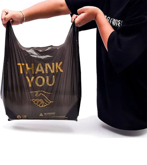 ysmile 50 pcs Thank You Plastic Bag T Shirt Bags for Small Business Retail Store Shopping Bag with Handle Merchandise Bag Bulk 15x23 Inch from Large - Black