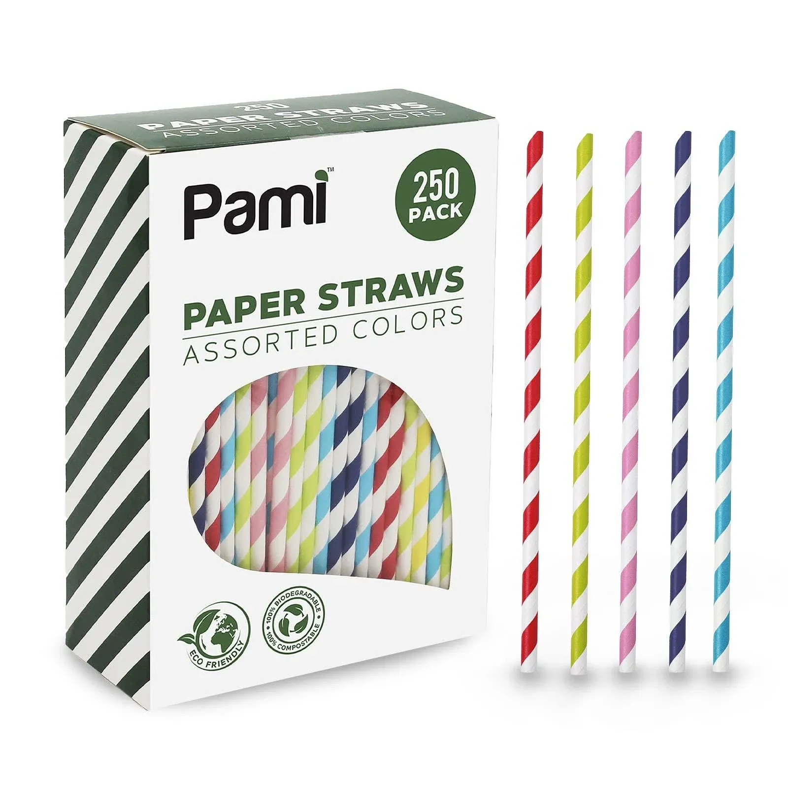Paper Straws Assorted Colors 250- Pack - 100% Biodegradable &amp; Compostable Stra