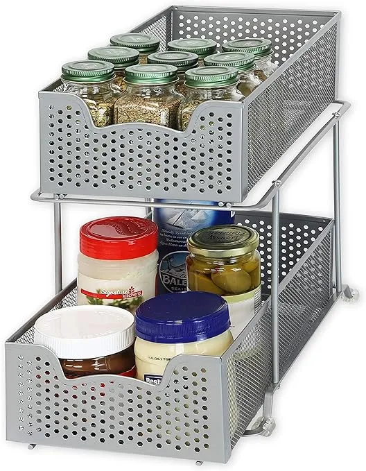 SimpleHouseware 2 Tier Sliding Cabinet Basket Organizer Drawer, Silver