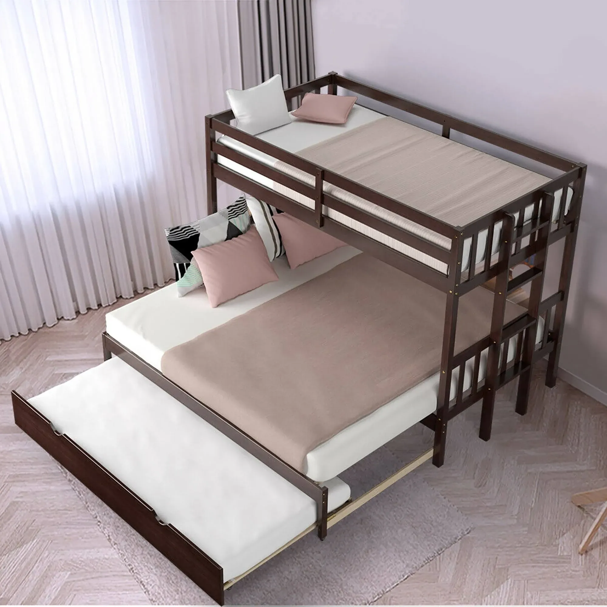 Costway Wood and PB Twin Over Twin Pull-Out Bunk Bed with Trundle in Espresso