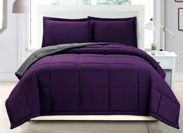 3 Piece Luxury Dark Purple/Grey Reversible Soft Down Alternative Comforter Set, King/Cal King with Corner Tab Duvet Insert