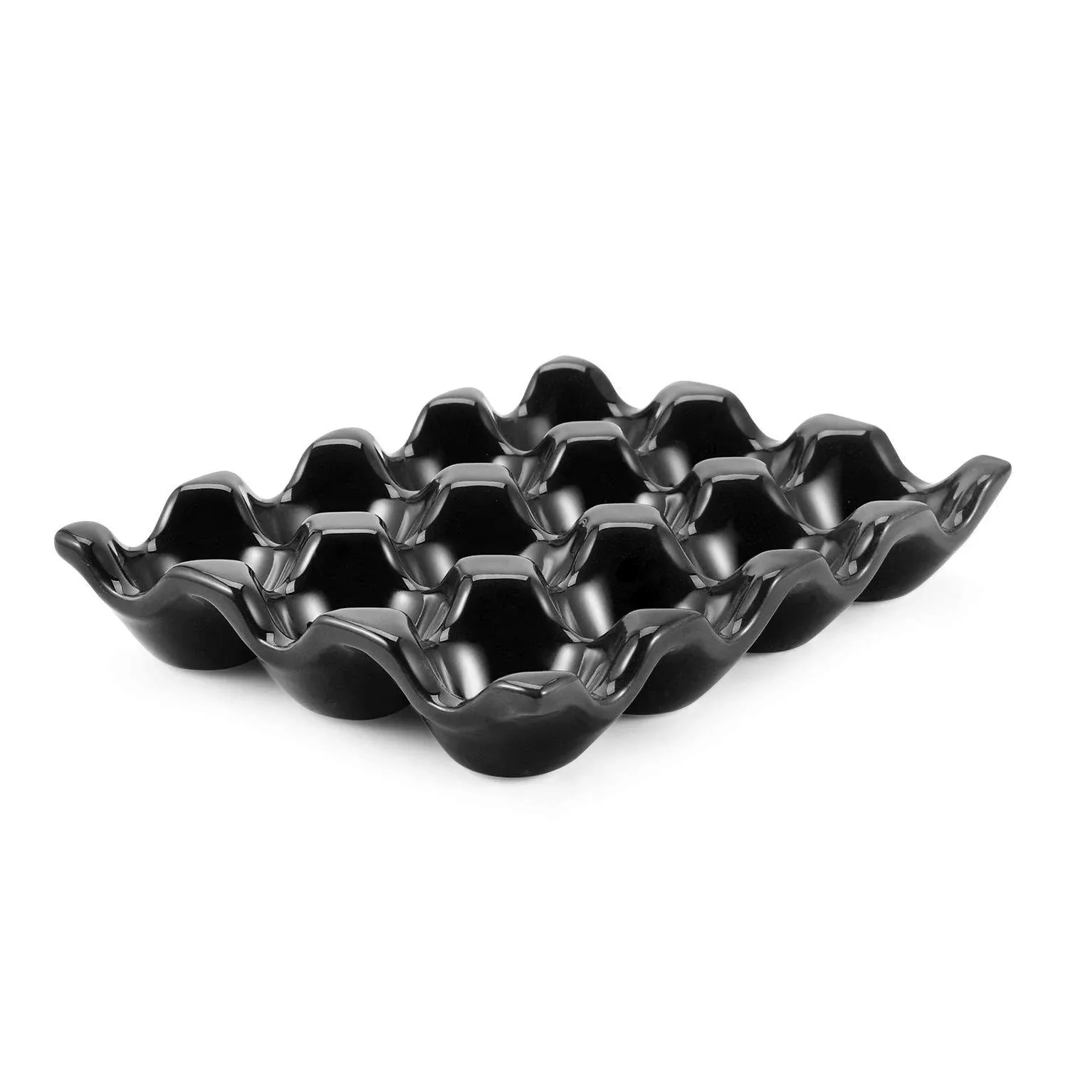 Ceramic Egg Tray 12 Cup Egg Holder Container for Refrigerator Fridge (Black)