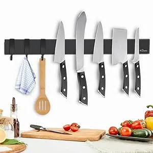 Dmore magnetic knife holder for wall—with 3 hooks, No Drilling 16 Inch black knife magnetic strip, Powerful knife magnet rack, include Adhesive Tape and screws for Knives, Utensils, and Tools