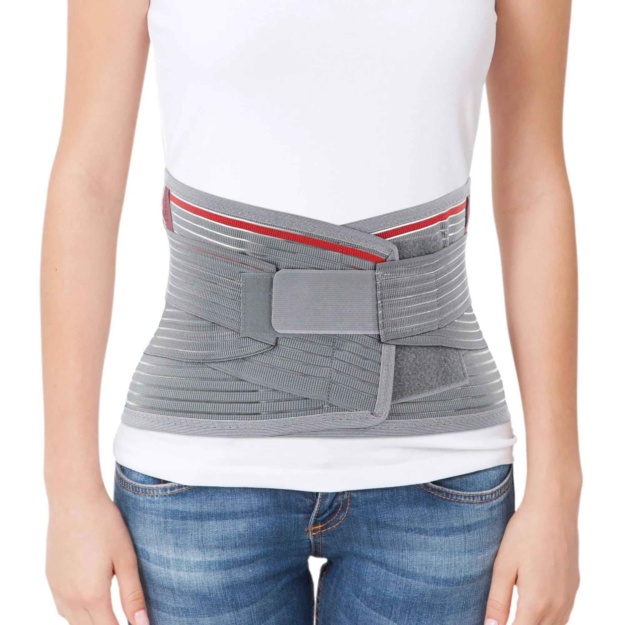 ORTONYX Lumbar Support Belt Lumbosacral Back Brace – Ergonomic Design and Breathable Material - Lower Back Pain Relief - L/XXL (Waist 39.7"-47.6") Gray/Red