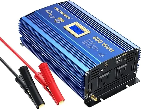 VOLTWORKS 600 Watts Pure Sine Wave Power Inverter 600w DC 12V to AC 110V 120V with Dual 2.4A USB Port & LCD Display Two AC Outlets for Car Truck RV Blue