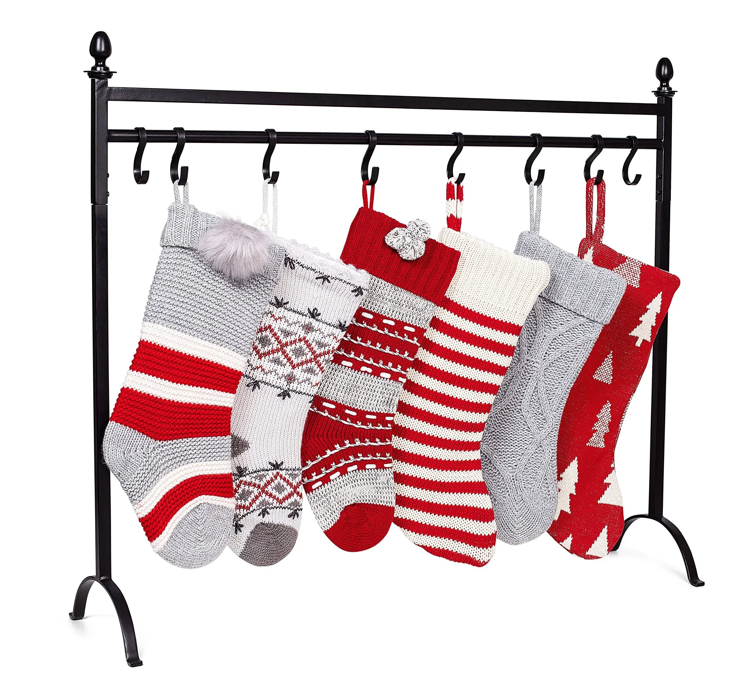 BIRDROCK HOME 8 Hook Deluxe Christmas Stocking Holder Stand - Heavy Duty Freestanding Rack with Removable Stocking Hooks - Iron Metal Design for Hanging Stockings, Ornaments, and Holiday Decor - Black