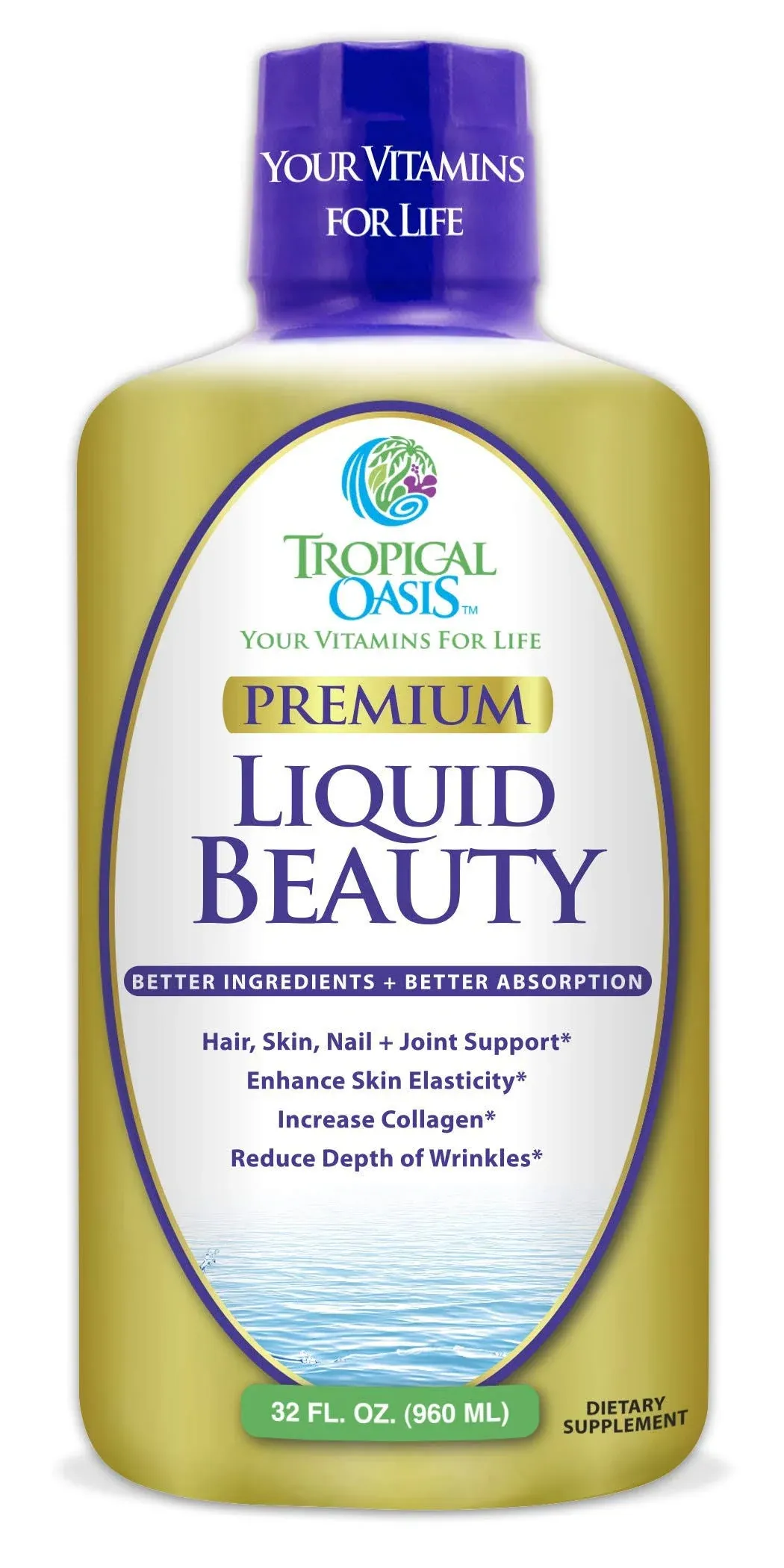 Tropical Oasis - Liquid Beauty | Supplement for Hair, Skin, & Nail Growth, Weight Control, Joint Support - Biotin + Hydrolyzed Collagen (32 Servings)
