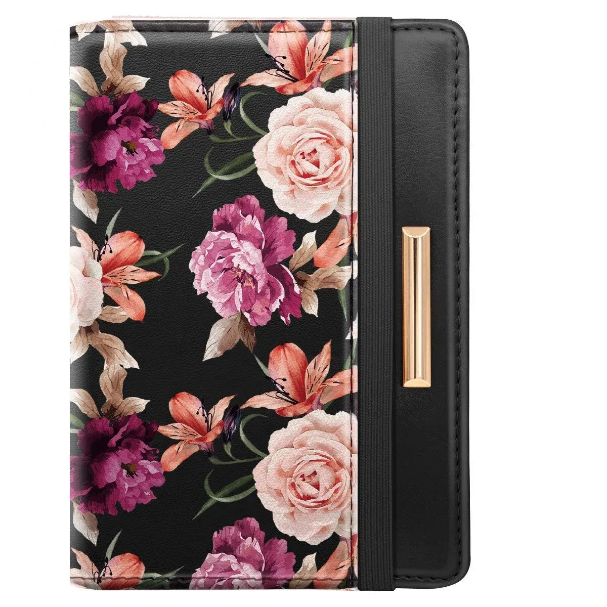 Passport Holder Cover Travel RFID Blocking Passport Cover Rose Gold Cute Flowers Passport Wallet with Elastic Band for Women