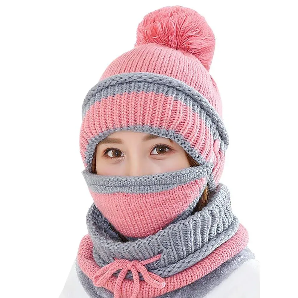 3 in 1 Warm Thick Knitted Beanie Hat Scarf and Mask Set Slouchy Snow Knit Cap In